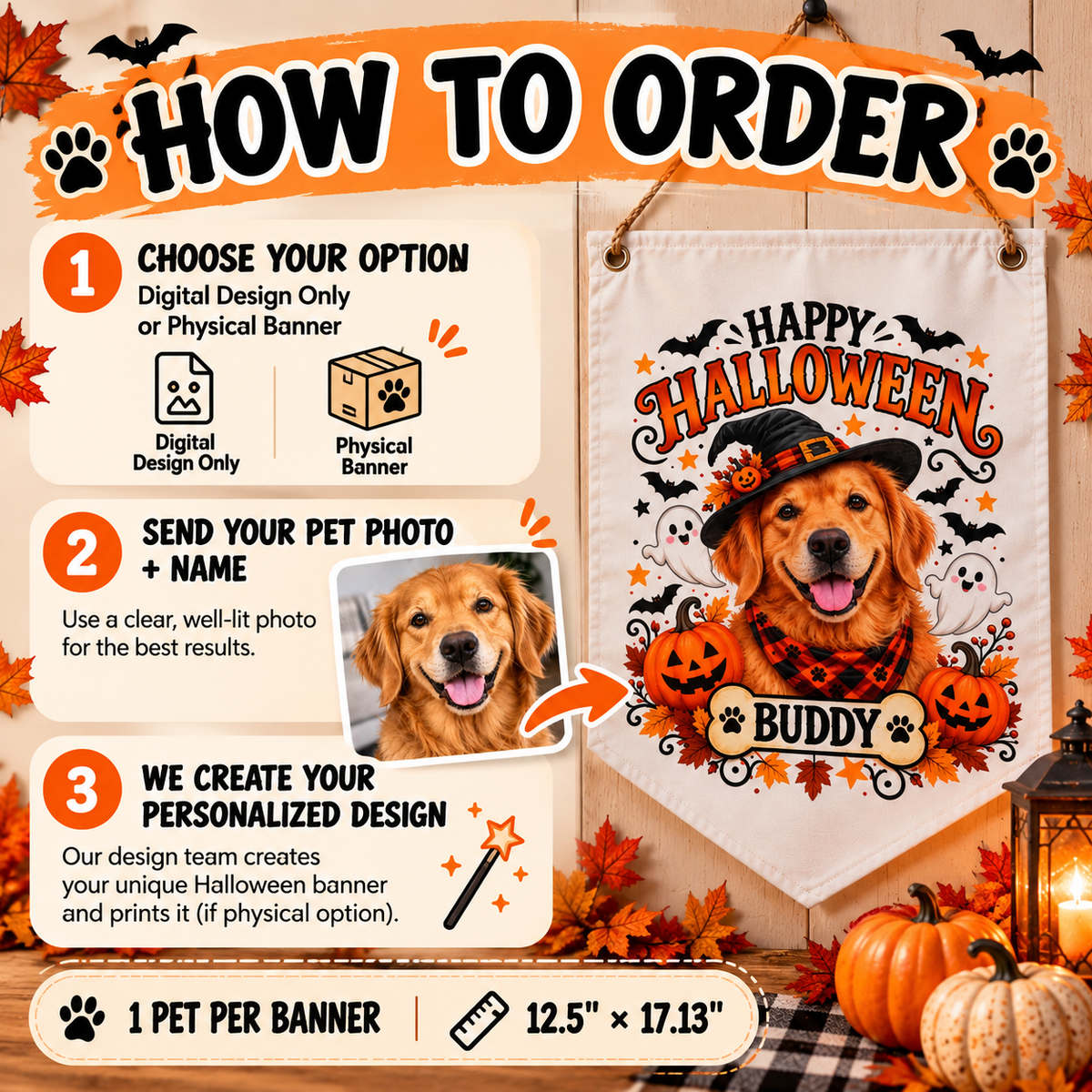 Custom Halloween Pet Banner – Personalized Dog or Cat Photo Wall Decor