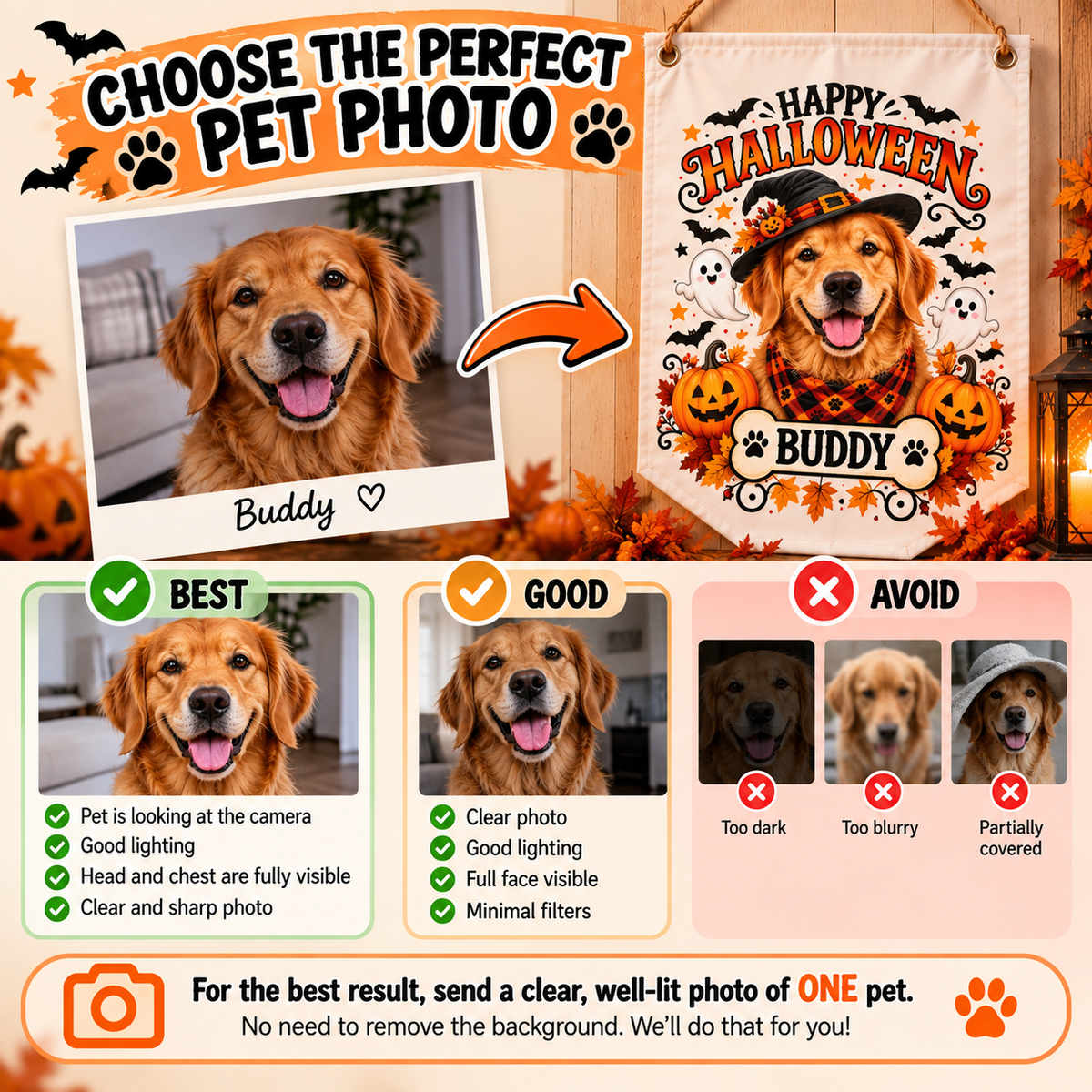 Custom Halloween Pet Banner – Personalized Dog or Cat Photo Wall Decor