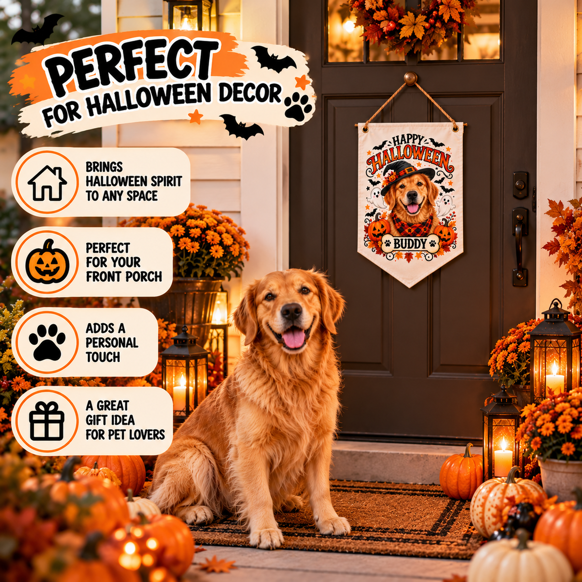 Custom Halloween Pet Banner – Personalized Dog or Cat Photo Wall Decor