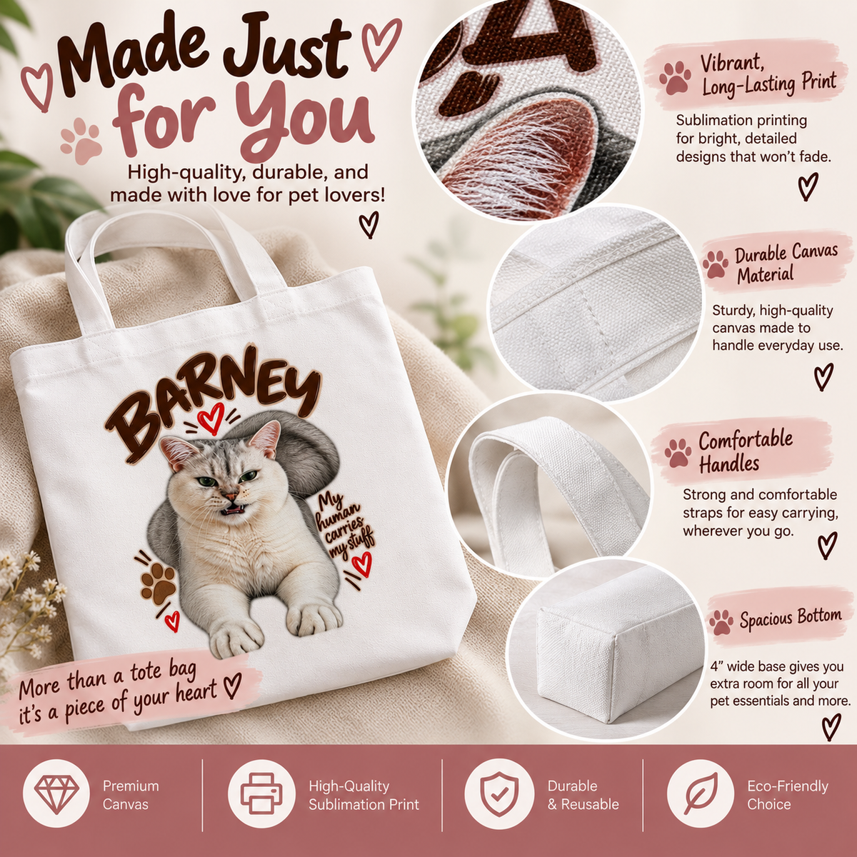 Personalized Pet Photo Tote Bag, Custom Dog or Cat Bag with Name, Pet Portrait Tote, Custom Pet Gift, Pet Mom Gift