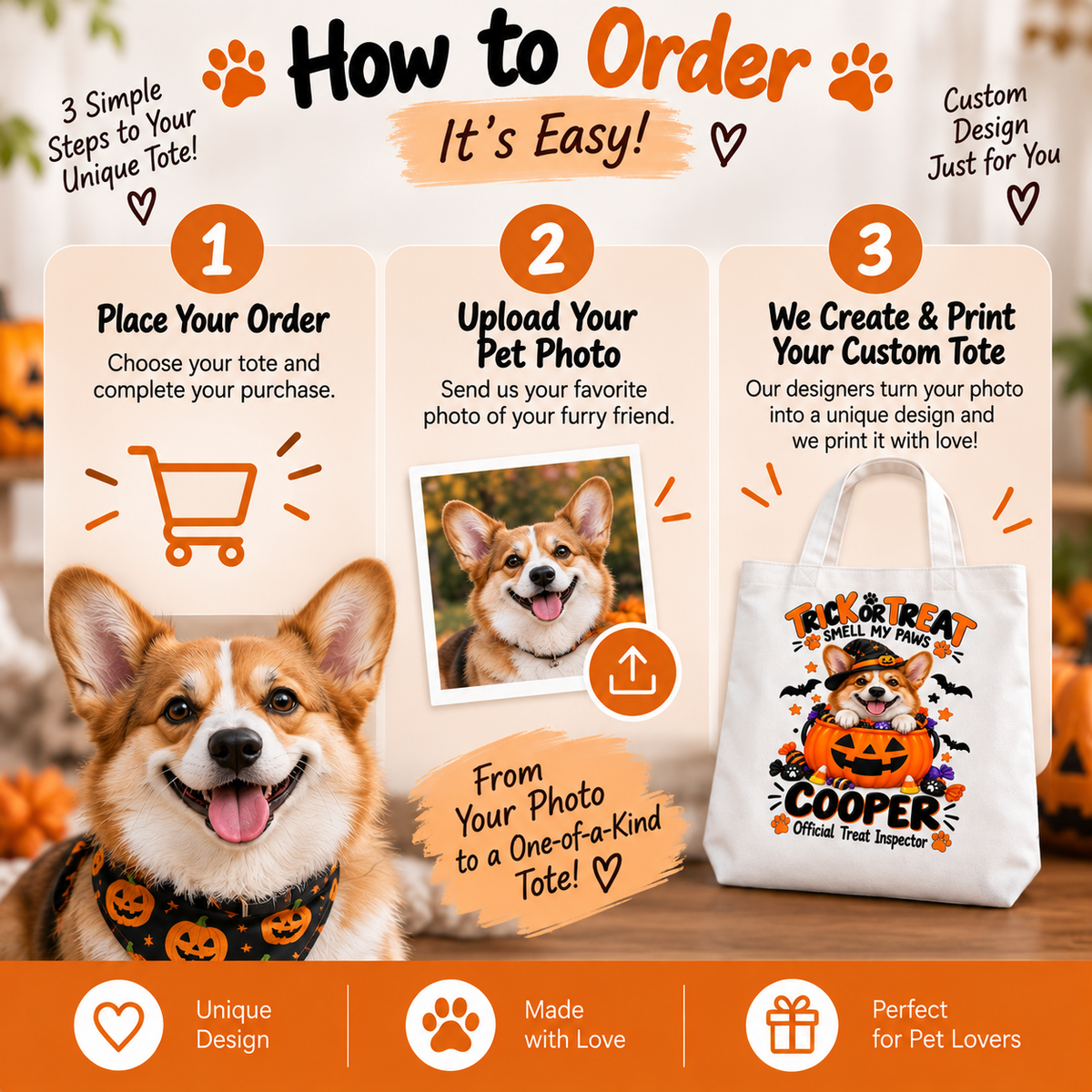 Personalized Halloween Pet Tote Bag | Custom Dog or Cat Trick or Treat Bag