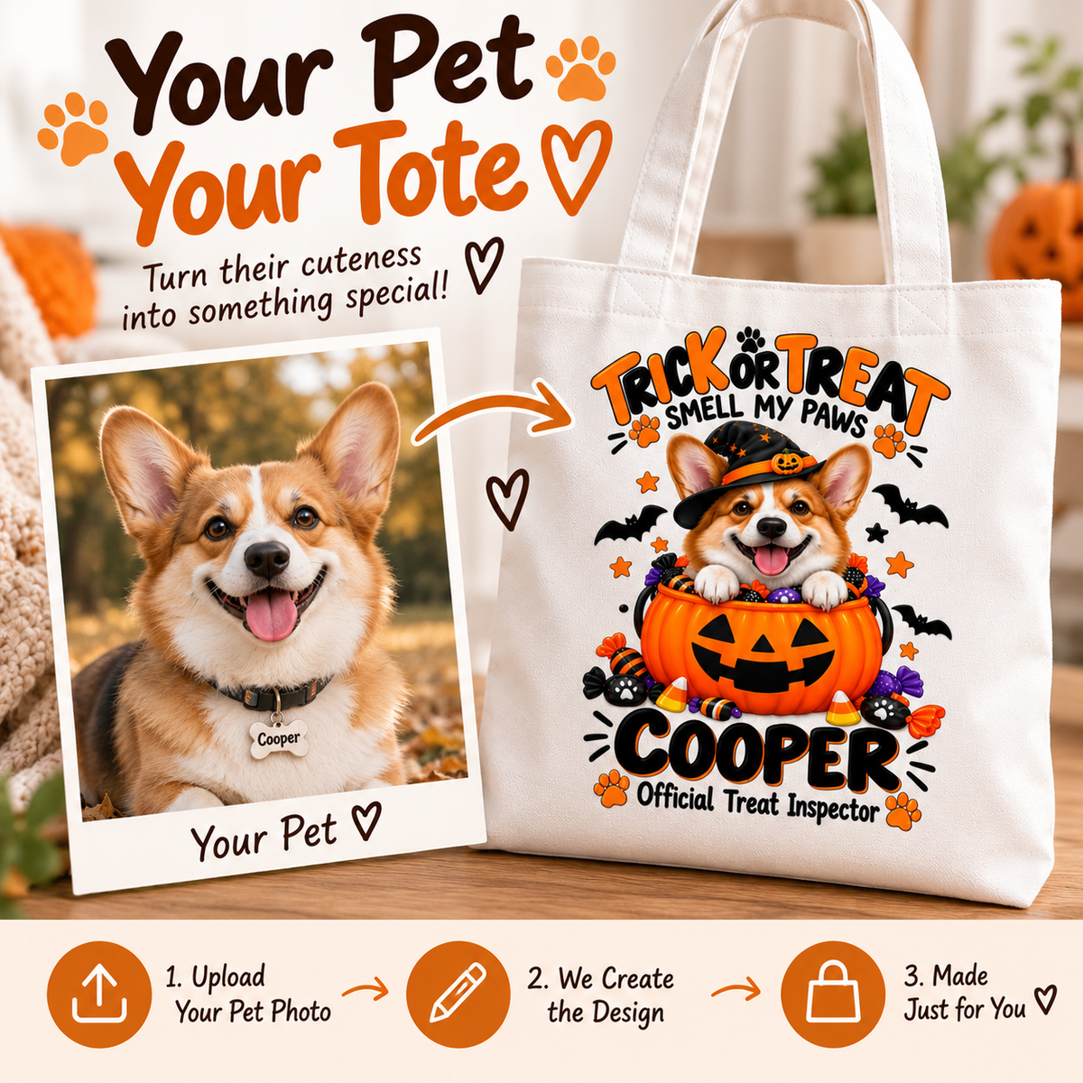 Personalized Halloween Pet Tote Bag | Custom Dog or Cat Trick or Treat Bag