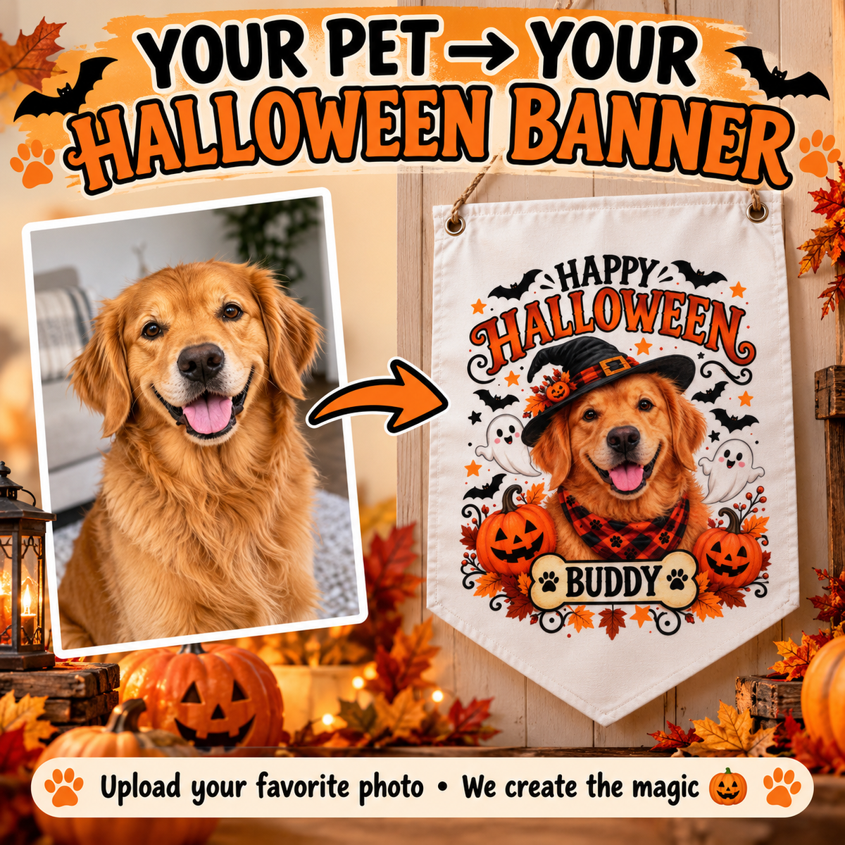 Custom Halloween Pet Banner – Personalized Dog or Cat Photo Wall Decor