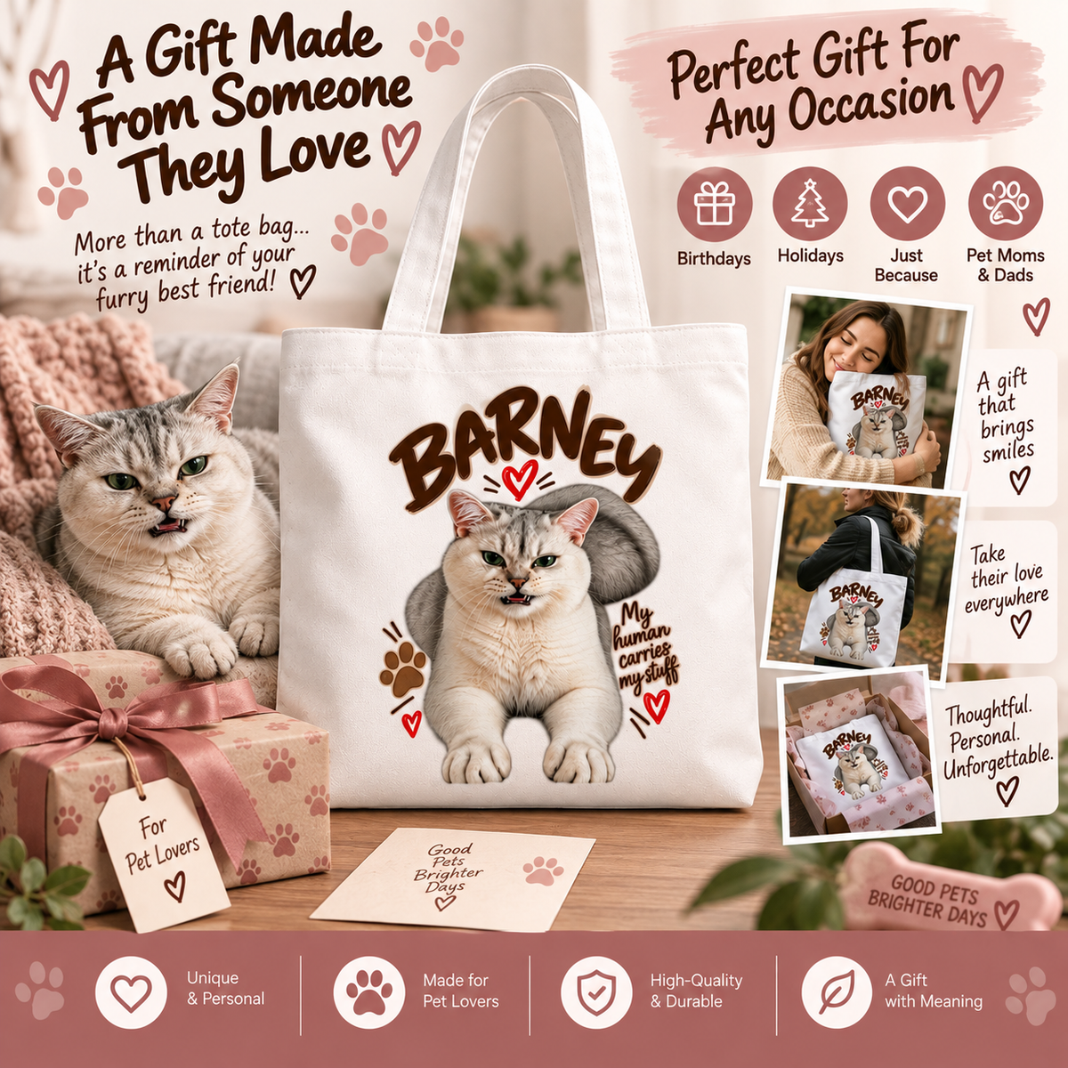 Personalized Pet Photo Tote Bag, Custom Dog or Cat Bag with Name, Pet Portrait Tote, Custom Pet Gift, Pet Mom Gift