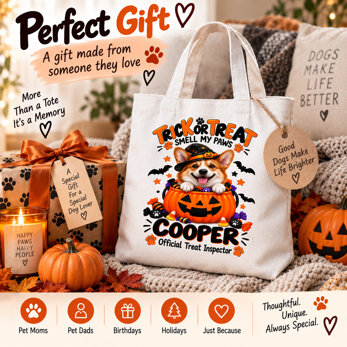 Personalized Halloween Pet Tote Bag | Custom Dog or Cat Trick or Treat Bag