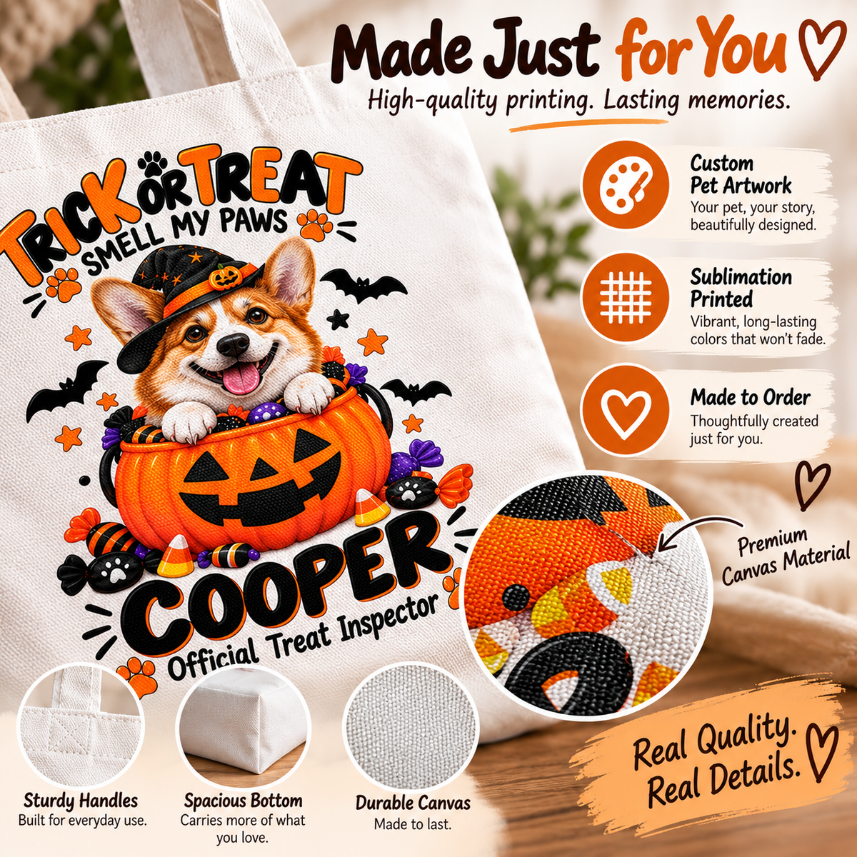 Personalized Halloween Pet Tote Bag | Custom Dog or Cat Trick or Treat Bag